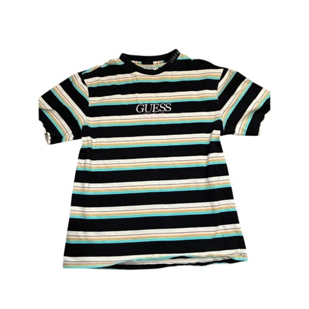 Guess Originals Striped T-Shirt Mens Small Black Teal White Pink Logo Tee